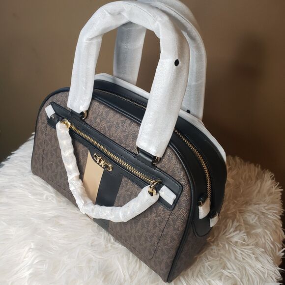 MICHAEL KORS Williamsburg Small MK Logo Satchel HandBag Brown Camel Gold NWT - Picture 6 of 7